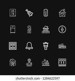 Editable 16 door icons for web and mobile. Set of door included icons line Locker, House, Toilet, Bell, Double door, Restroom, Door hanger, Refrigerator, Home on black background