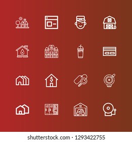 Editable 16 door icons for web and mobile. Set of door included icons line Alarm bell, Garage, Lockers, House, Bell, Keys, Houses, Key card, Frappe, Barn, Bellboy, Window on red