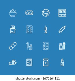 Editable 16 dose icons for web and mobile. Set of dose included icons line Medicine, Painkiller, Pills, Antibiotic, Vaccine, Pill, Syringe, Contraceptive pills on blue background