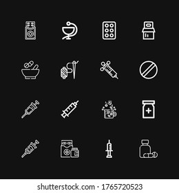 Editable 16 dose icons for web and mobile. Set of dose included icons line Medicine, Syringe, Medicines, Painkiller, Drugs, Vaccine, Pill, Needle, Pills, Drug on black background