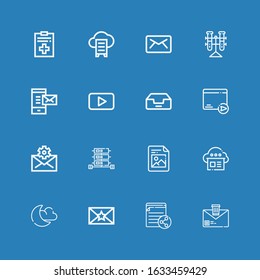 Editable 16 download icons for web and mobile. Set of download included icons line Email, File, Envelope, Night mode, Cloud, Server, Mail, Inbox, Youtube, Tubes on blue background