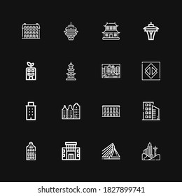 Editable 16 downtown icons for web and mobile. Set of downtown included icons line Building, Rotterdam, Buildings, Sao paulo, Cityscape, Space needle, Dojo on black background