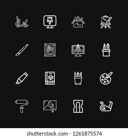 Editable 16 draw icons for web and mobile. Set of draw included icons line Stationary bike, Sharpener, Drawing, Paint roller, Painting palette, Pencil, d printer on black background