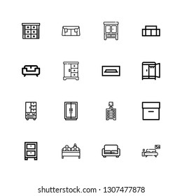 Editable 16 drawer icons for web and mobile. Set of drawer included icons line Bedroom, Sofa, Double bed, Cabinet, Archive, Drawer, Wardrobe, Tv table, Closet on white background
