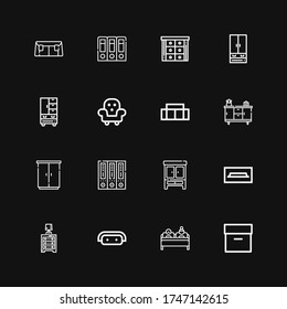 Editable 16 drawer icons for web and mobile. Set of drawer included icons line Archive, Double bed, Sofa, Drawer, Tv table, Wardrobe, Cupboard, Furniture, Closet on black background