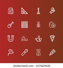 Editable 16 drawing icons for web and mobile. Set of drawing included icons line Thermometer, Sharpener, Brush, Dragon, Pizza slice, Tea, Sneaker, Horseshoe, Kiwi, Grasshopper on red