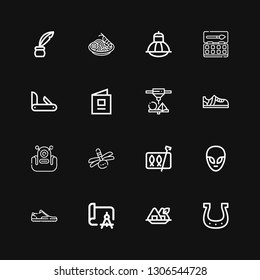 Editable 16 drawn icons for web and mobile. Set of drawn included icons line Horseshoe, Seaweed, Drawing, Sneaker, Alien, Sardines, Dragonfly, Sneakers, d printing on black background
