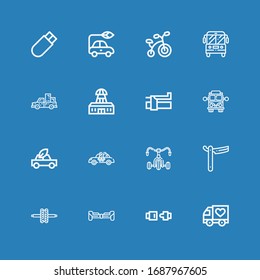 Editable 16 Drive Icons For Web And Mobile. Set Of Drive Included Icons Line Truck, Seat Belt, Hoverboard, Wheel, Straight, Bicycle, Taxi, Eco Car, School Bus On Blue Background