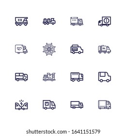 Editable 16 driving icons for web and mobile. Set of driving included icons line Truck, Delivery truck, Accident, Food truck, Rudder, Lorry on white background