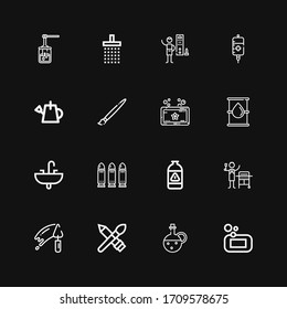 Editable 16 iconos de caída para web y móvil. Conjunto de iconos incluidos línea Jabón, Aceite, Pincel, Trowel, Gas, Balas, Rosca, Aguas, Sangre, Duchas, Ducha sobre fondo negro