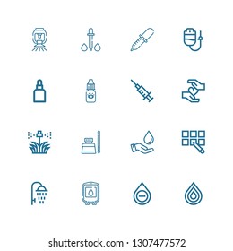 Editable 16 droplet icons for web and mobile. Set of droplet included icons line Drop, Blood, Shower, Pipette, Save water, Ink, Sprinkler, Eye dropper, Drops on white background