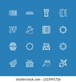 Editable 16 drum icons for web and mobile. Set of drum included icons line Cello, Bagpipes, Drum, Xylophone, Tambourine, Barrel, Accordion, Cowbell, Jazz, Timpani on blue background