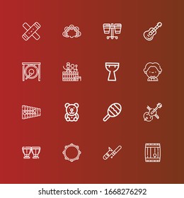 Editable 16 drum icons for web and mobile. Set of drum included icons line Barrel, Trombone, Tambourine, Timpani, Cello, Maraca, Teddy bear, Xylophone, Musician, Kettledrum on red