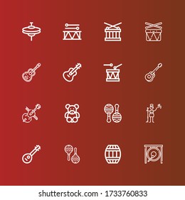 Editable 16 iconos de tambor para web y móvil. El conjunto de tambores incluía íconos como Gong, Barrel, Maraca, Mandolin, Cantante pop, Maracas, Oso de Teddy, Cello, Guitarra, Tambor, Tambores, Címbalos en rojo