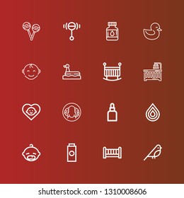 Editable 16 duck icons for web and mobile. Set of duck included icons line Bird, Crib, Baby powder, Baby, Drop, Drops, Peking duck, Baby crib, boy, Rattle, Rattles on red