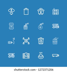 Editable 16 dump icons for web and mobile. Set of dump included icons line Cargo truck, Poo, Dinamite, Dynamite, Recycling bin, Mining, Dumper, Waste, Garbage on blue background