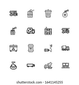 Editable 16 dump icons for web and mobile. Set of dump included icons line Mine, Cement truck, Cargo truck, Poo, Concrete mixer, Dynamite, Waste, Recycling bin on white background