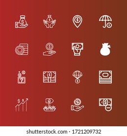 Editable 16 earning icons for web and mobile. Set of earning included icons line Money, Sign, Coins, Coin, Funds, Money bag on red