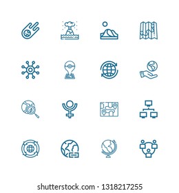 Editable 16 earth icons for web and mobile. Set of earth included icons line Network, Globe, Worldwide, Recycling, Map, Pluto, Green earth, Ecologism, World on white background