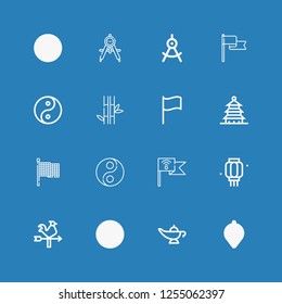 Editable 16 east icons for web and mobile. Set of east included icons line Compass, Magic lamp, Vane, Lantern, Flag, Yin yang, Pagoda, Bamboo on blue background