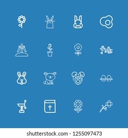Editable 16 easter icons for web and mobile. Set of easter included icons line Flower, Bible, Spring, Eggs, Egg, Rabbit, Calvary on blue background