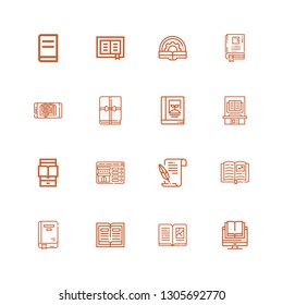 Editable 16 e-book icons for web and mobile. Set of e-book included icons line Book, Literature, Booking, Ereader, Ebook on white background