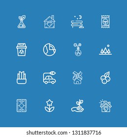 Editable 16 eco icons for web and mobile. Set of eco included icons line Solar energy, Plant, Flower, Field, Blueberry, Windmill, Electric car, Tree, Energy on blue background