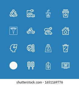 Editable 16 ecological icons for web and mobile. Set of ecological included icons line Ecological, Recyclable, Cartridge, Recycling, Recycling bin, Recycled Plastic Bag on blue background