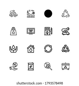 Editable 16 ecological icons for web and mobile. Set of ecological included icons line Recycling bin, Green earth, Eco fuel, Ecologism, Recycling, Reuse, Eco house on white background