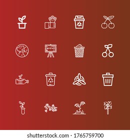 Editable 16 ecology icons for web and mobile. Set of ecology included icons line Windmill, Plant, Flower, Sprout, Trash, Trash bin, Cherry, Trash can, Chalkboard, Earth on red