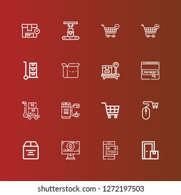 Editable 16 e-commerce icons for web and mobile. Set of e-commerce included icons line Box, Payment method, Online shop, Shopping cart, Online shopping, Trolley on red