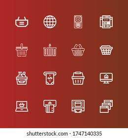 Editable 16 iconos de ecommerce para web y móvil. El conjunto de ecommerce incluía iconos línea Sitio web, Atm, Compras en línea, Ecommerce, cesta de compras, cesta, sitio web, Internet en rojo