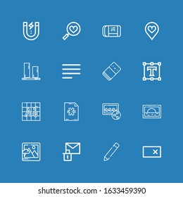 Editable 16 edit icons for web and mobile. Set of edit included icons line Erase, Edit button, Image, New file, Font, Text editor, Eraser, Align left, Vertical align on blue background