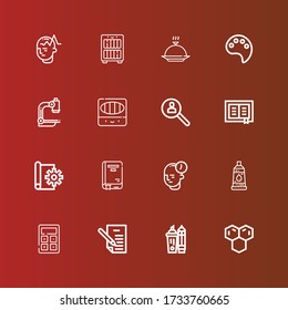 Editable 16 education icons for web and mobile. Set of education included icons line Molecule, Highlighter, Letter, Calculator, Paint tube, Mind, Book, Sketch, Research on red