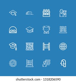 Editable 16 educational icons for web and mobile. Set of educational included icons line Student, Abacus, Cap, Mortarboard, Graduation, Classroom on blue background