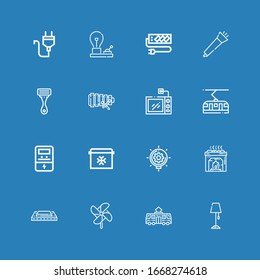 Editable 16 electric icons for web and mobile. Set of electric included icons line Lamp post, Tram, Windmill, Harmonica, Heater, Idea, Fridge, Voltmeter, Microwave on blue background