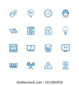Editable 16 electrical icons for web and mobile. Set of electrical included icons line Coffee machine, Energy, Iron, Ram, Tv, Printer, Television, Dishwasher on white background