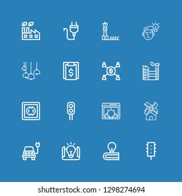 Editable 16 electricity icons for web and mobile. Set of electricity included icons line Traffic light, Idea, Electric, Windmill, Socket, Factory, Mining, Bill on blue background