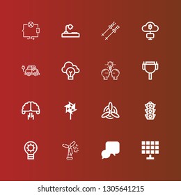 Editable 16 electricity icons for web and mobile. Set of electricity included icons line Solar panel, Idea, Wind turbine, Traffic light, Windmill, Brainstorming, Cable on red
