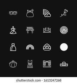 Editable 16 elegant icons for web and mobile. Set of elegant included icons line Train station, Train, Dress, Purse, Lantern, Pearl, Rainbow, Red carpet, Rose on black background