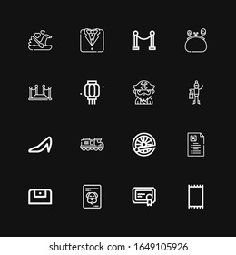 Editable 16 elegant icons for web and mobile. Set of elegant included icons line Carpet, Certificate, Purse, Curriculum vitae, Train, Heels, Lantern, Beard on black background