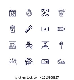 Editable 16 elements icons for web and mobile. Set of elements included icons line Tea, Ticket, Door, Wild west, Mace, d, Watercolor, Tongs, Caveman, Pinball on white background