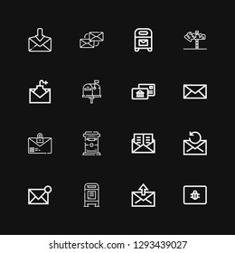 Editable 16 e-mail icons for web and mobile. Set of e-mail included icons line Spam, Mail, Mailbox, Email, Postal, Post on black background