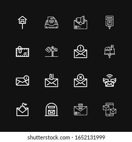 Editable 16 e-mail icons for web and mobile. Set of e-mail included icons line Mails, Email, Mail box, Mail, Post, Envelope, Mailbox on black background