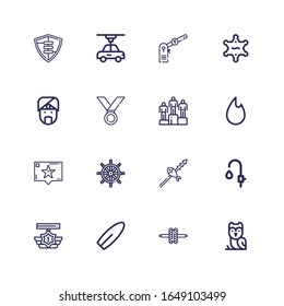 Editable 16 emblem icons for web and mobile. Set of emblem included icons line Owl, Wheel, Surfboard, Medal, Faucet, Fish, Ship wheel, Recommendation, Fire on white background