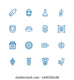 Editable 16 emblem icons for web and mobile. Set of emblem included icons line Seagulls, Medal, Grapes, Share, Fish, Kiwi, Jam, Visual, Badge, Shield, Boxing on white background