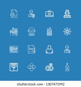 Editable 16 employee icons for web and mobile. Set of employee included icons line Spirits, Engagement, Suit, Employee, Salesman, Resume, Desk, Wheel, Clerk on blue background