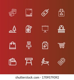Editable 16 empty icons for web and mobile. Set of empty included icons line Battery, Table, Folder, Shopping cart, Shopping bag, Balcony, Projector screen, Tag, Rest area on red