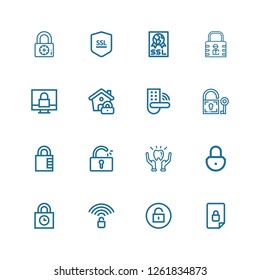Editable 16 encryption icons for web and mobile. Set of encryption included icons line Locked, Unlock, Unlocked, Padlocks, Padlock, Protection, Lock, Ssl on white background