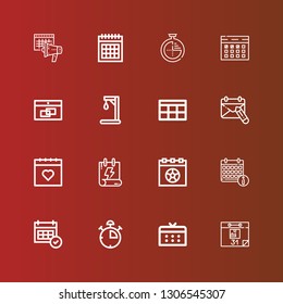 Editable 16 end icons for web and mobile. Set of end included icons line Calendar, Stop watch, Gallow, Timer on red